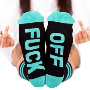 2 Pairs Funny Novelty Socks F*ck Off Black Teal Purple Women's Crew‎ Socks